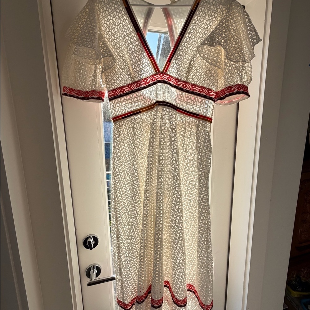 White Eyelet V-Neck Dress with Red Trim
